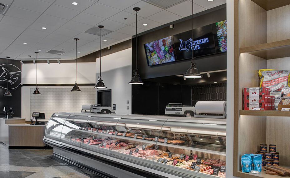 Butchers Club interior of meat counter and lighting features