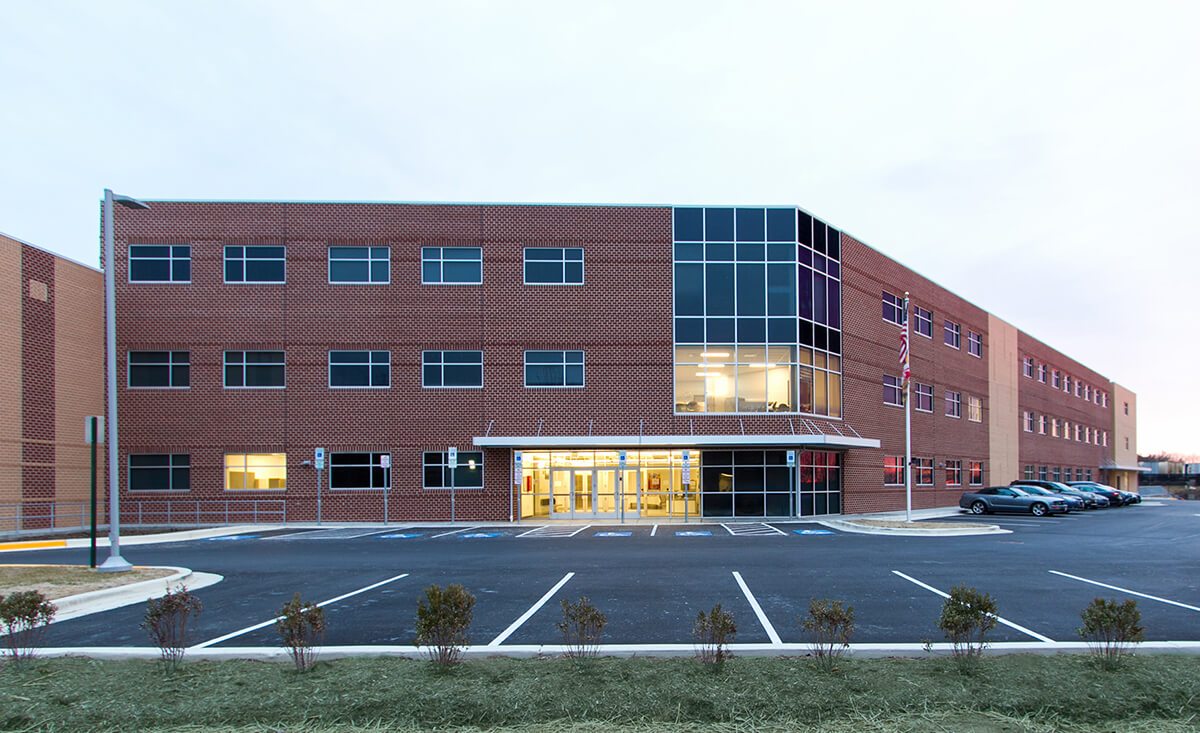 CMIT North High School exterior at evening