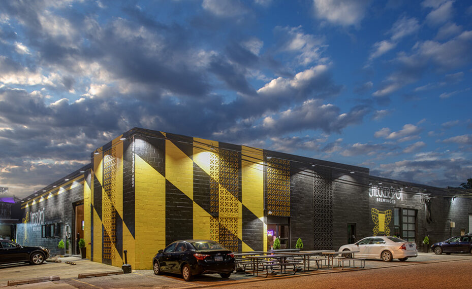 Checkerspot Brewery exterior from front at twilight