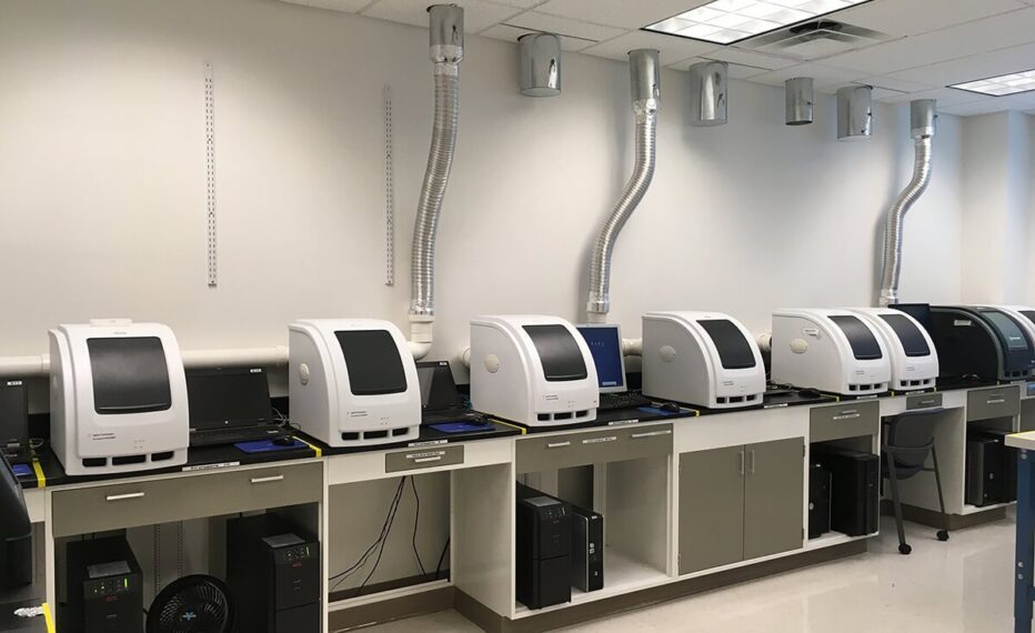 Qiagen biotech lab with multiple computers