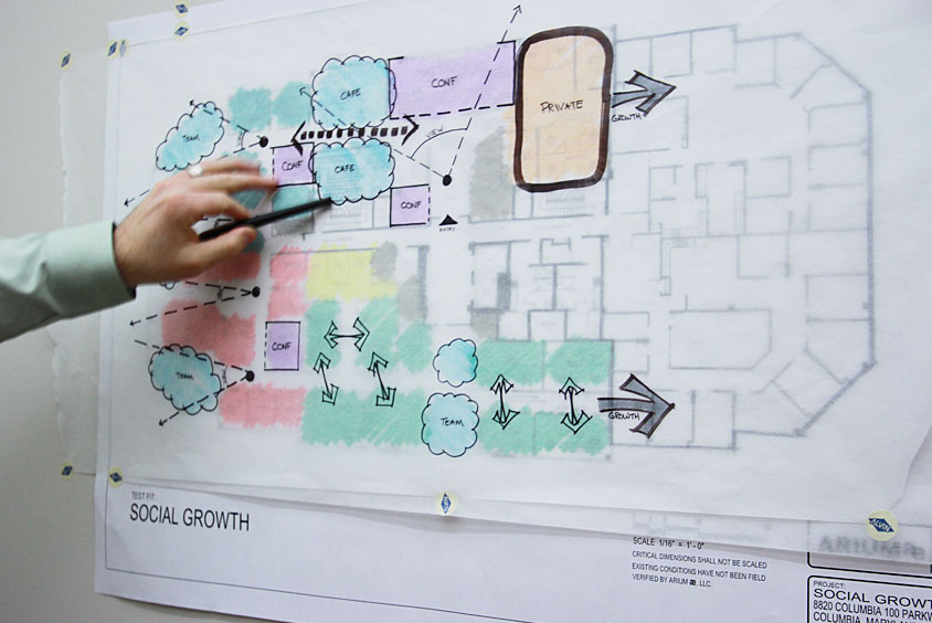 Planning diagram with pen and hand
