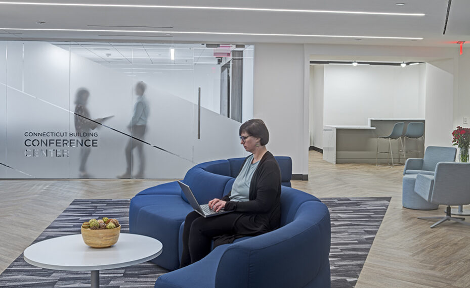 DC Conference Center interior with female on computer