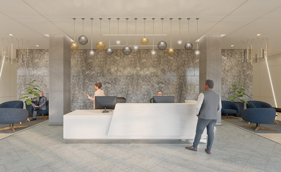 K Street Lobby renovation design rendering from center front view