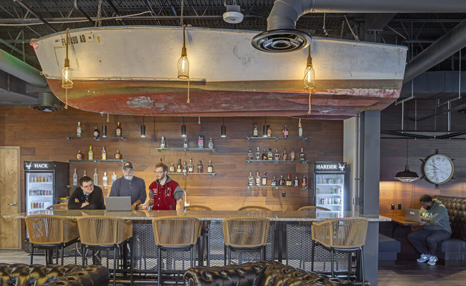 Kudu Dynamics office interior photo of amenity space from the front side of bar