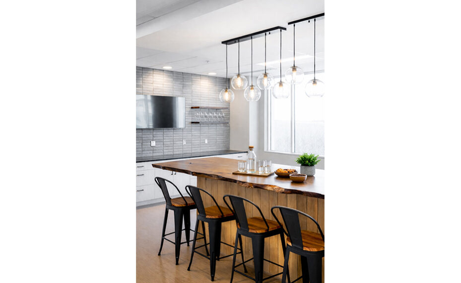 Tensley office breakroom interior with island featured