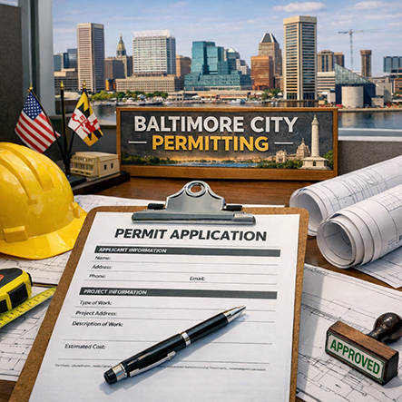 Baltimore City permitting application with clipboard