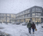 Mass timber retail exterior in snow