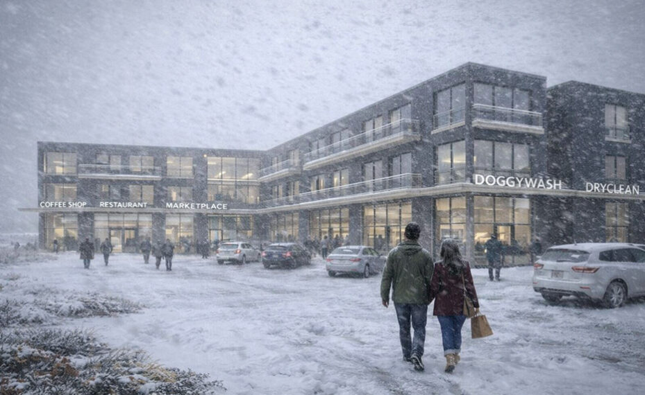 Mass timber retail exterior in snow