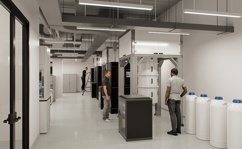 UMD quantum lab center interior rendering of people in lab area