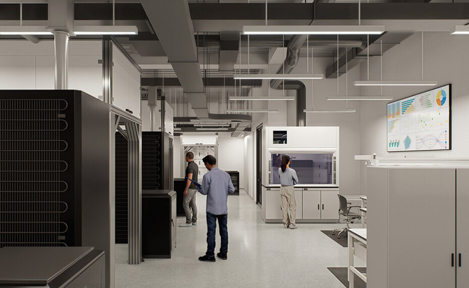 UMD quantum lab center interior rendering of people in lab area