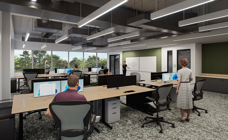 UMD quantum lab center interior rendering of people in office