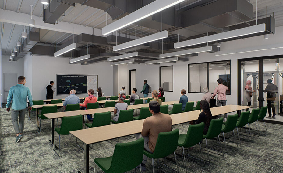 UMD quantum lab center interior rendering of people in conference room